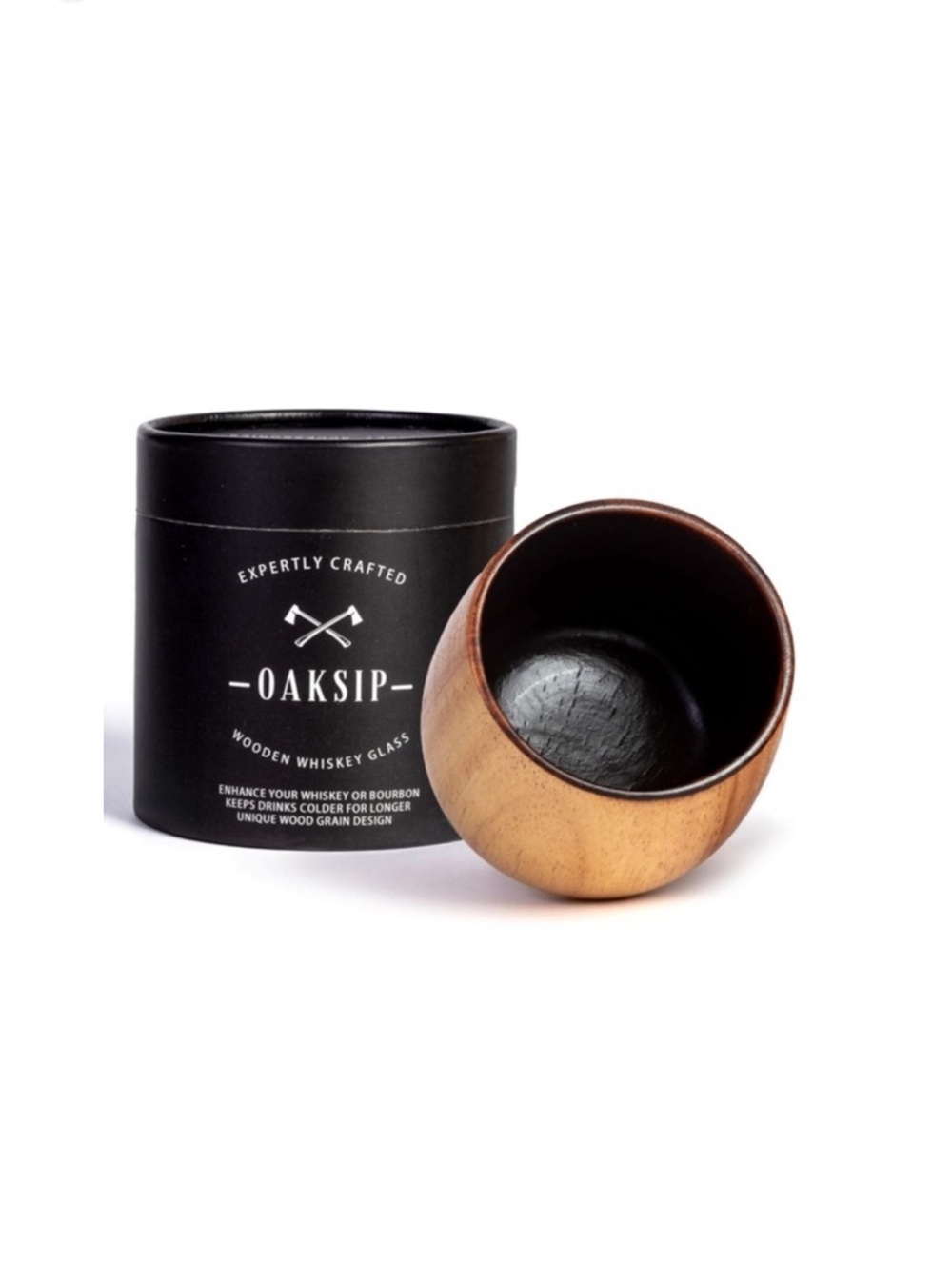 Wood-Grain Whiskey Glass - Black Interior, Natural Oak Exterior